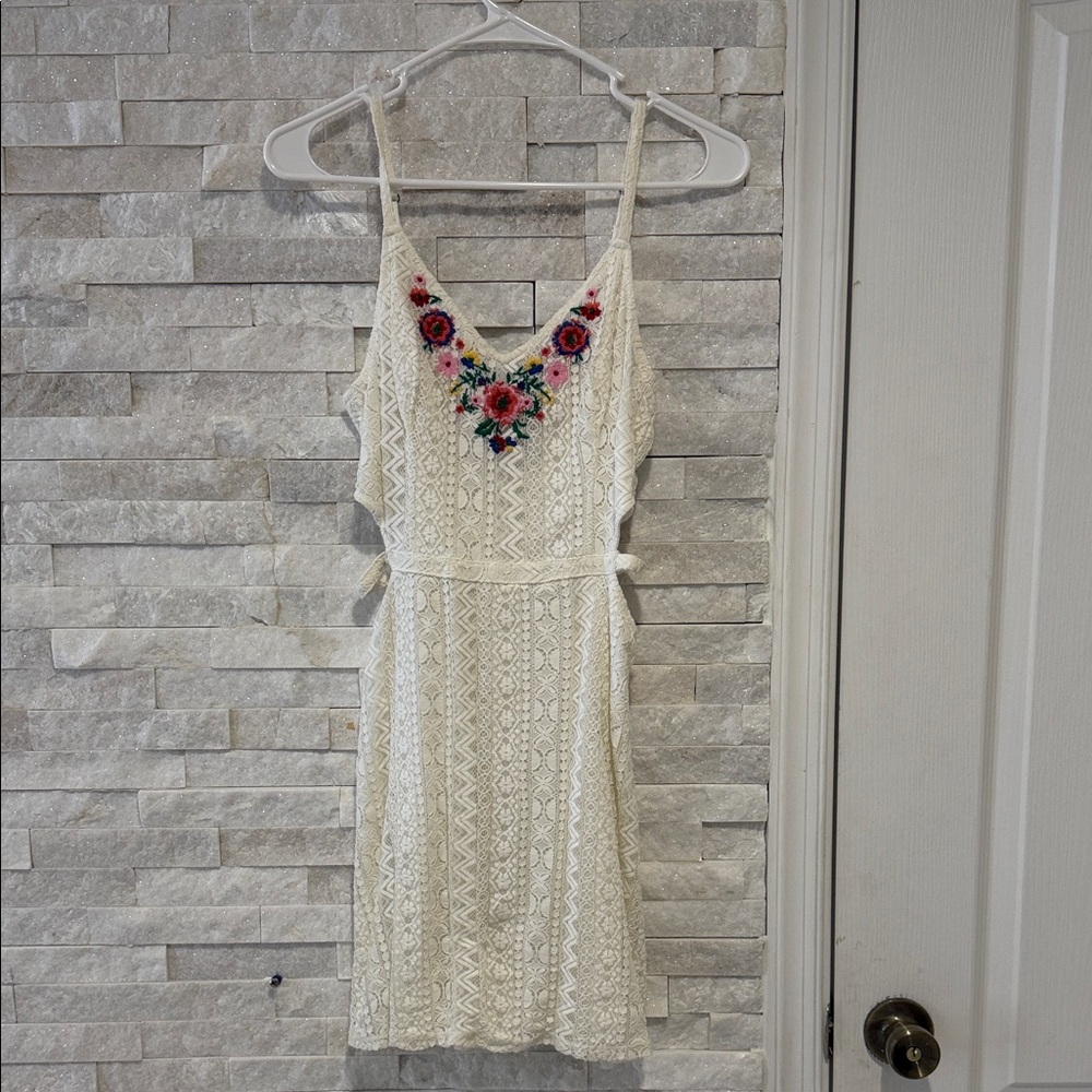 Hollister Cream Lace Mini Dress with Floral Embroidery